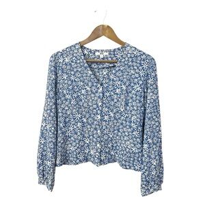 Uniqlo Blue White Floral Daisy Button Down Blouse V Neck L Flowy Feminine